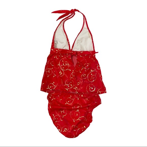 TARA GRINNA Tankini Top 34B/C Bottom 14 Red/Gold Swirl Print Tie Back - Picture 2 of 6